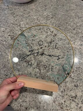 Love Grows Here Round Glass Accent with Gold Frame and Wood Base